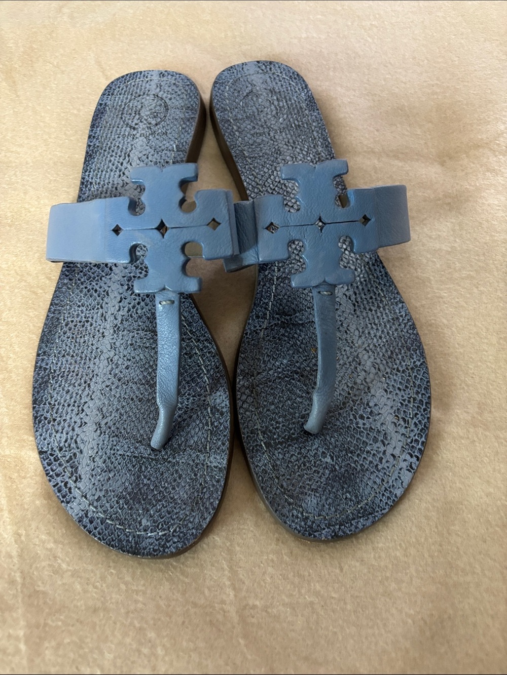 Tory Burch Moore sandal snakeskin-print leather "Ocean Mist" blue color Sz 8.5